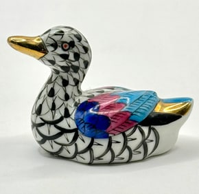 Beautiful HEREND Hungary Black Colored Fishnet Porcelain Duck