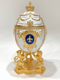FABERGE Enameled Egg Trinket Box with Lions Display Stand