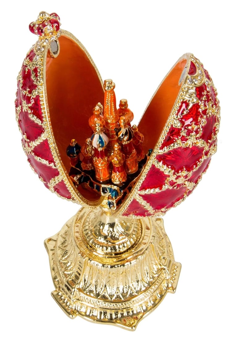 FABERGE St. Petersburgh Russia Enameled and Studded Egg: This is a Stunning Unsigned FABERGE Inspired Jeweled and Enameled Egg that has Never been on Display and is in Immaculate Condition. Multiple Photos Posted