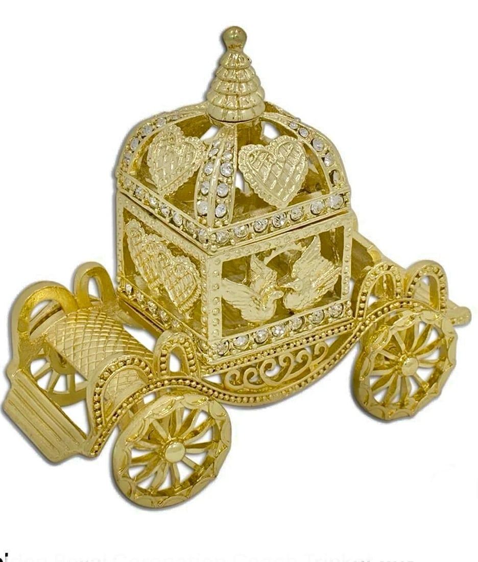 FABERGE Golden Royal Studded 2pc Coronation Carriage Trinket Box: Beautiful Studded and Faberge Inspired Russian Made 2pc Carriage Trinket-Jewelry Box – It is in Never Displayed Condition – Multiple Photos Posted