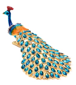 Russian Enameled and Jeweled Lage Peacock Figural Trinket Box