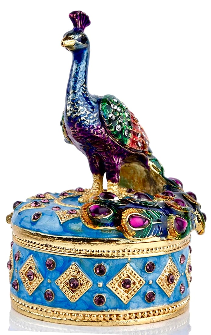 Stunning Russian Enameled & Studded Peacock Trinket Box: This Peacock Trinket Box has Amazing Details and Colors / Multiple Photos Posted