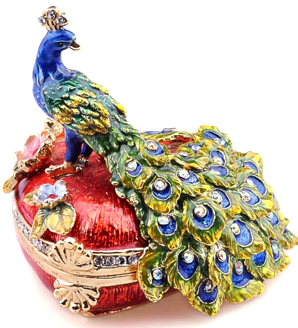 Russian made PEACOCK Studded and Enameled Trinket Box: Amazing Details / Great Colors / Multi-Faceted inlaid Sones