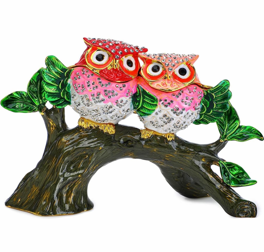 St Petersburgh Russia Enameled and Jeweled Perched Owls Trinket Box: Breathtaking Faberge Inspired Piece in Beautiful Condition / Multiple Photos Posted