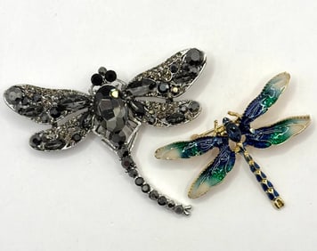 Lot of 2 Dragonfly Fashion Jewelry Studded Brooches with Faux Stones