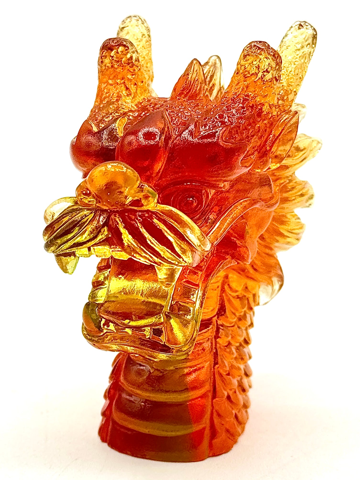 Pate de Verre French Crystal Dragon Head in the style of DAUM: Awesome DAUM Style Pate de Verre French Amber Crystal Dragon Head. Perfect Condition. Multiple Photos Posted
