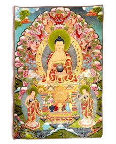 Vintage Handmade Silk Embroidered Tibetan Buddha Tapestry