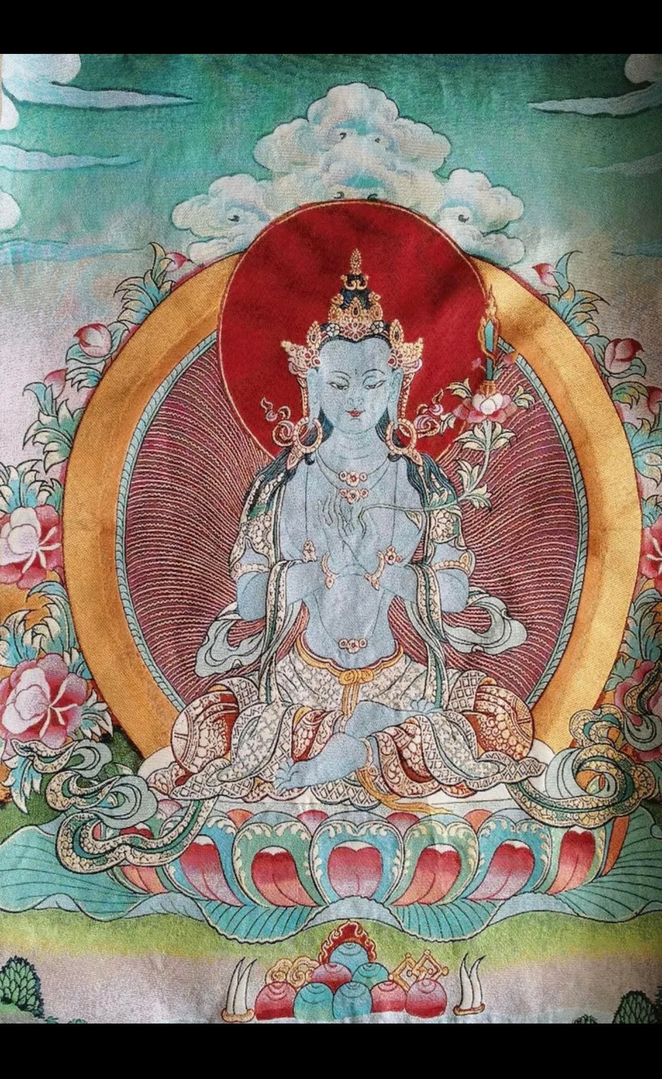 Vintage Handmade Silk Embroidered Tibetan Buddha Tapestry: Approximate Measurements 36 X 22 / Great Looking Piece in Perfect Condition