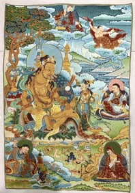 Vintage Handmade Silk Embroidered Tibetan Buddha Mural Tapestry