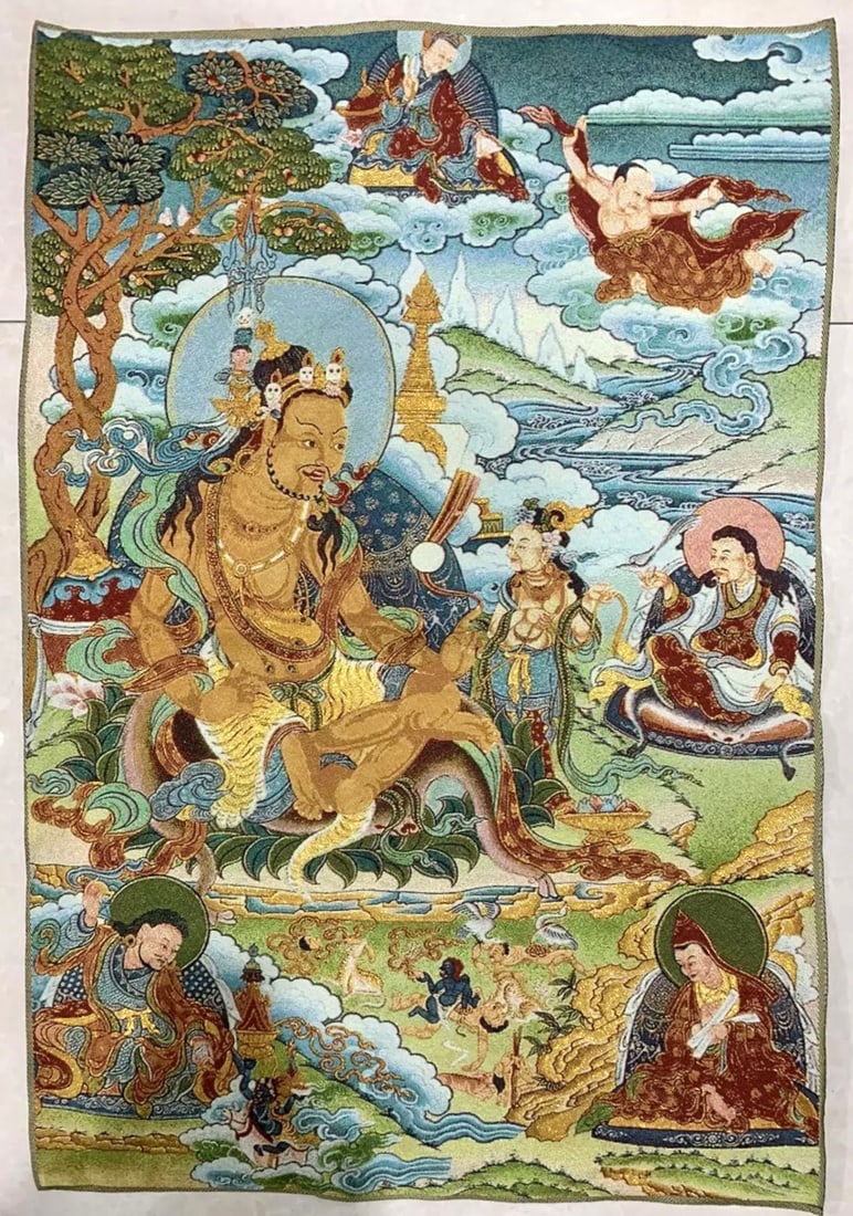 Vintage Handmade Silk Embroidered Tibetan Buddha Mural Tapestry: Approximate Measurements 36 X 22 / Great Looking Piece in Perfect Condition