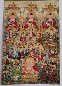 Vintage Handmade Silk Embroidered Chinese Buddhas Mural Tapestry