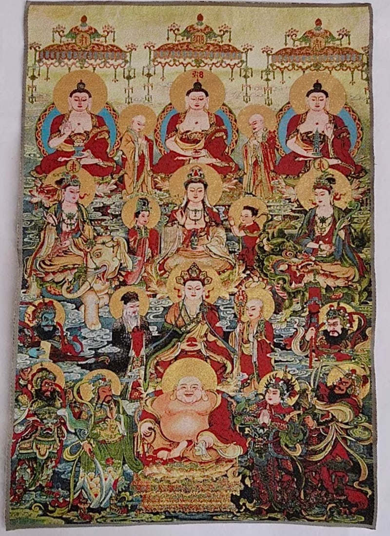 Vintage Handmade Silk Embroidered Chinese Buddhas Mural Tapestry (1 of 3)