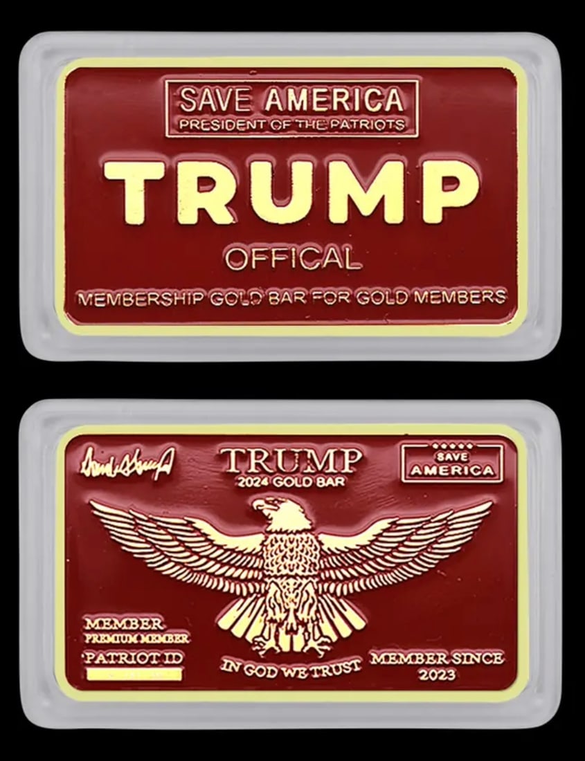 DONALD TRUMP President of the Patriots Membership Enameled Gold Clad Bar: This is an encapsulated enameled gold clad bar that states as follows. Trump Official Save America President of the Patriots. This is NOT a GOLD BAR. This is simply a gold clad bar that holds NO VALUE