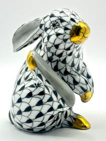 HEREND Hungary Black Fishnet Porcelain Rabbit Figurine
