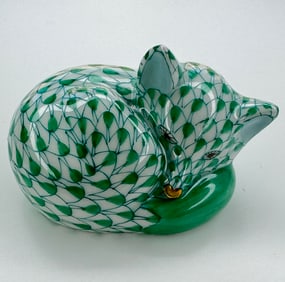 HEREND Hungary Hand Painted Green Porcelain Sleeping Fox Figurine