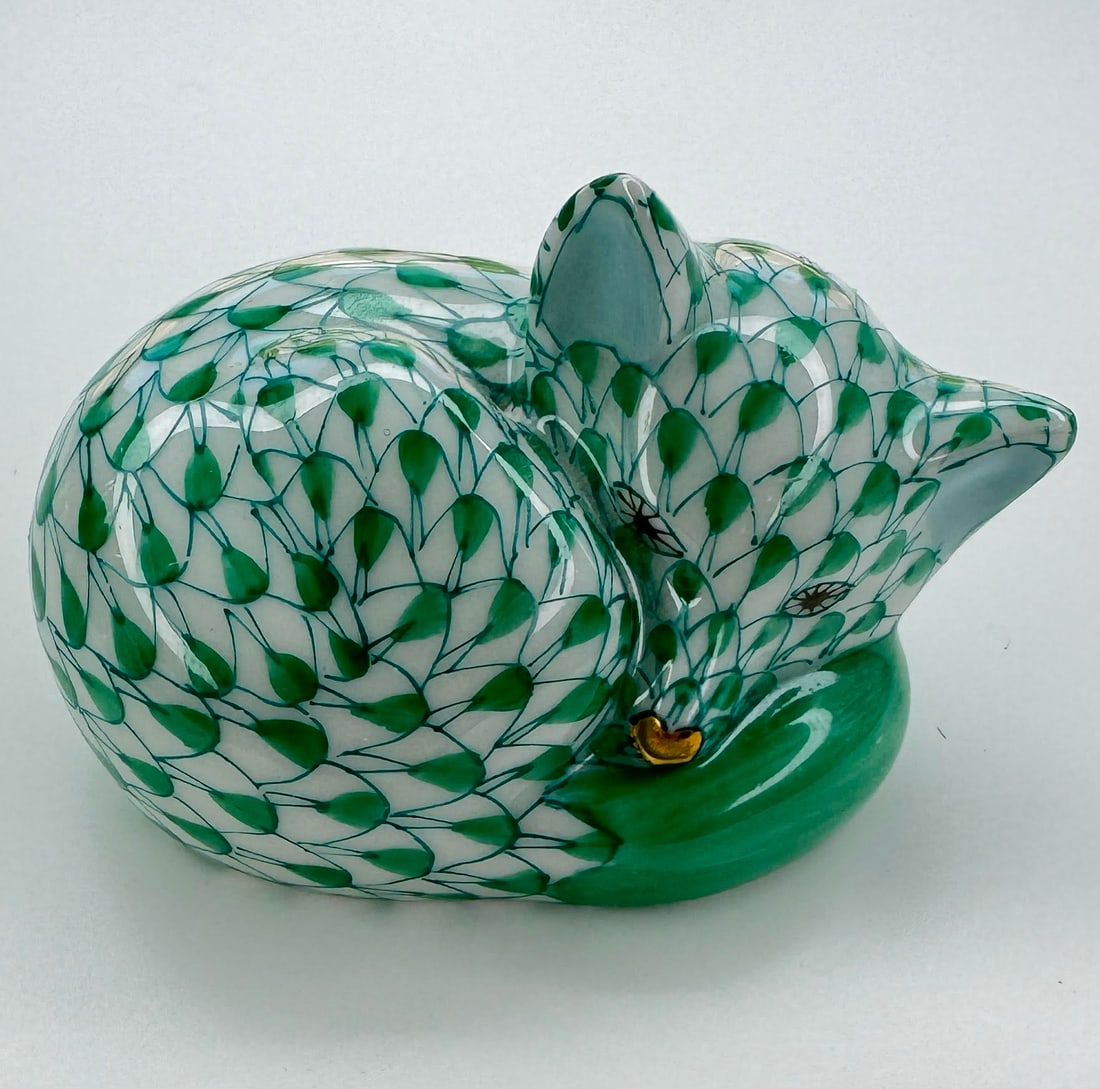 HEREND Hungary Hand Painted Green Porcelain Sleeping Fox Figurine (1 of 3)
