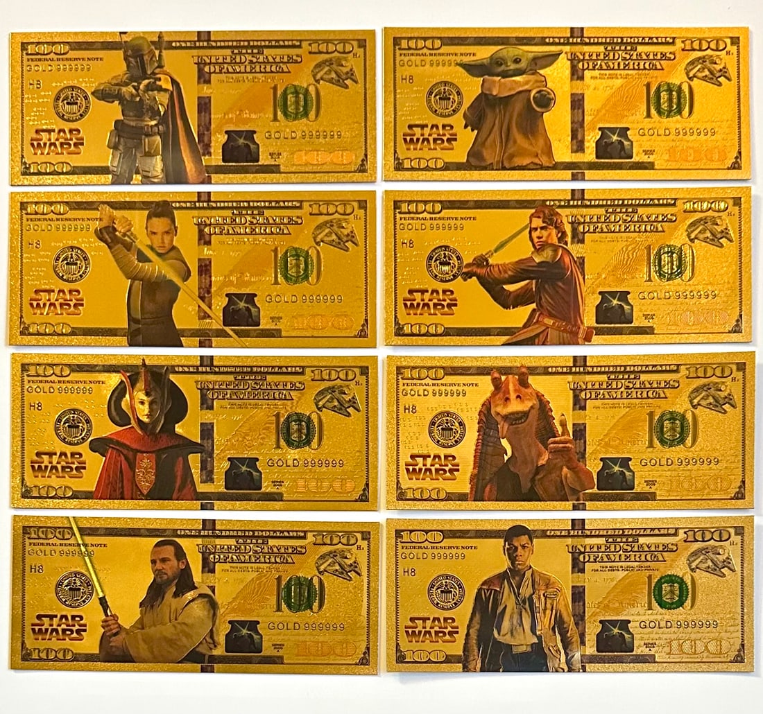 RARE Lot of 8 STAR WARS Gold Clad Collectible Bills – B: Awesome Set of 8 Collectible STAR WARS Gold Clad Banknote Style Bills. Multiple Photos Posted