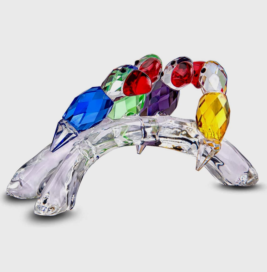 Swarovski style Austrian Colored Crystal Perched Parrakeets: Beautiful Piece in Perfect Condition. Approximately 3.5 to 4 Inches Long.