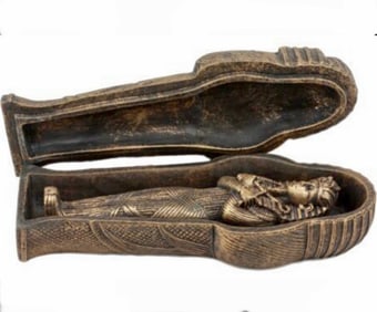 Bronze Tone Ancient Egyptian Pharaoh King Tut Sarcophagus with Mummy Statue