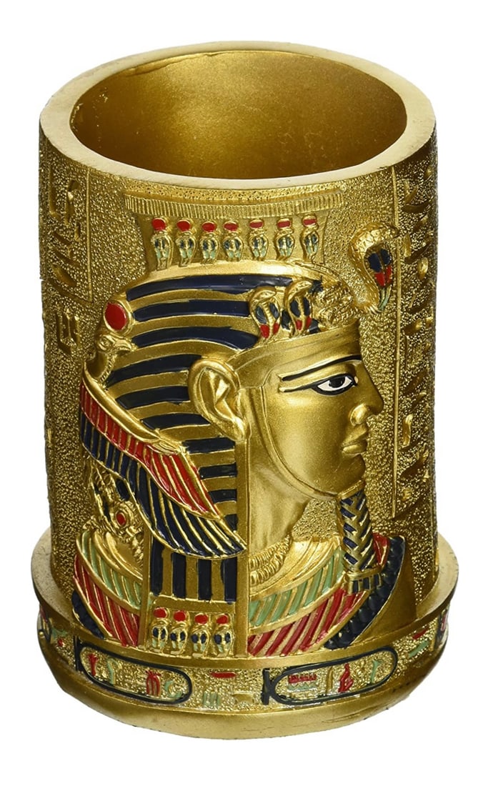 Ornate Egyptian Pharaohs Desktop Pen and Pencil Holder: This has never been used. It was cast in designer crushed resin and hand painted. It was Consigned to us by a Store that was supposed to open the year the pandemic hit and never did. It has been sitti
