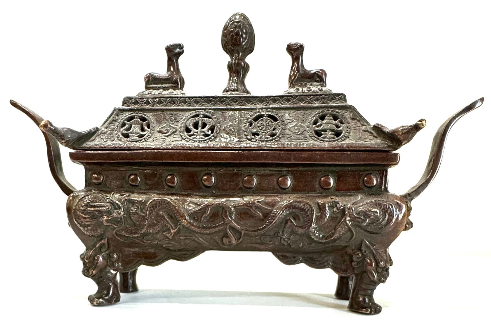 Early Bronze Dueling Dragons Hallmarked Temple Censer (1 of 4)