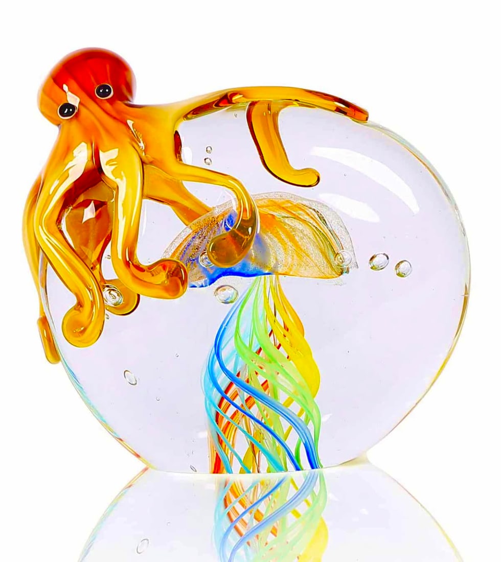 Awesome MURANO Blown Art Glass OCTOPUS over JELLYFISH: This is a Large and Unique Design with Stunning Color Colors – Measures Approximately 5 x 5 and Weighs Nearly 2 Pounds - Perfect Condition – Multiple Photos Posted