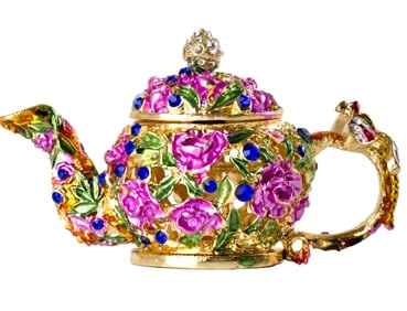 Faberge Inspired Enameled & Jeweled Teapot Trinket Box
