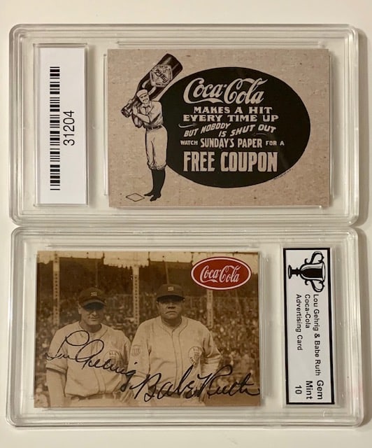 Gem 10 BABE RUTH/LOU GEHRIG Advertising Baseball Card: Gem Mint 10. PLEASE READ CAREFULLY. ALL Advertising Cards are Reproduction Promotional Cards and NOT Original Period Cards. We do NOT know when these were Issued or who issued them. We can only descri