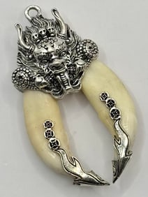 Handmade Large Boars Head Tooth Silver ward off Evil Pendant