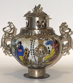 Antique Hand Painted Chinese Porcelain & Tibet Silver Censor
