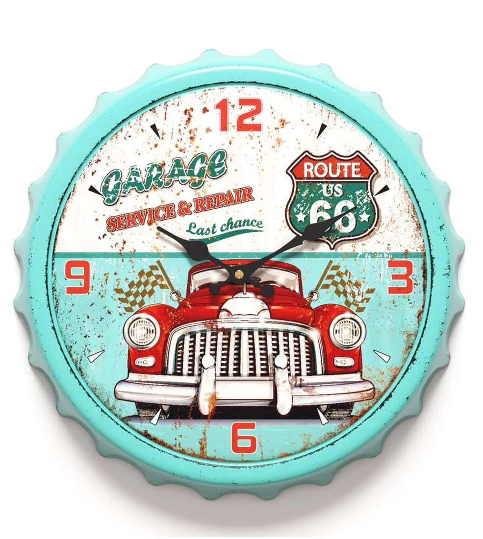 13 Inch Route 66 Garage Service Station Retro Iron Bottle Cap Clock: Approximately 13 Inches in Diameter – Condition New