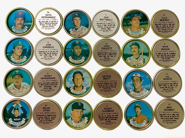 12 Original 1987 Baseball Superstar Metal Bottle Cap Coins: These were issued in 1987 by the Topps Trading Card Company / They are in Fantastic Condition