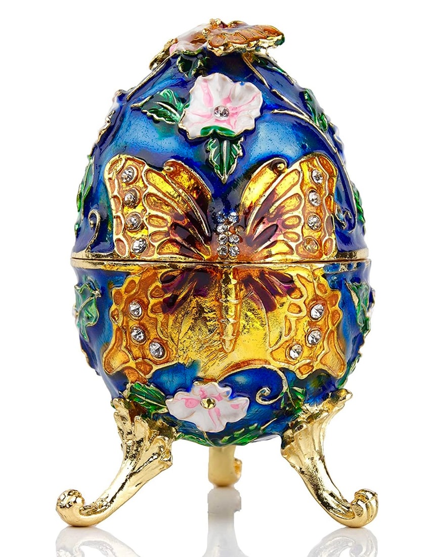 Gorgeous Faberge Inspired Enameled & Jeweled Egg: This is a Russian Made Faberge Inspired Egg featuring a Butterfly in Front with Stunning Colors -- It is in Never Displayed Condition – Multiple Photos Posted