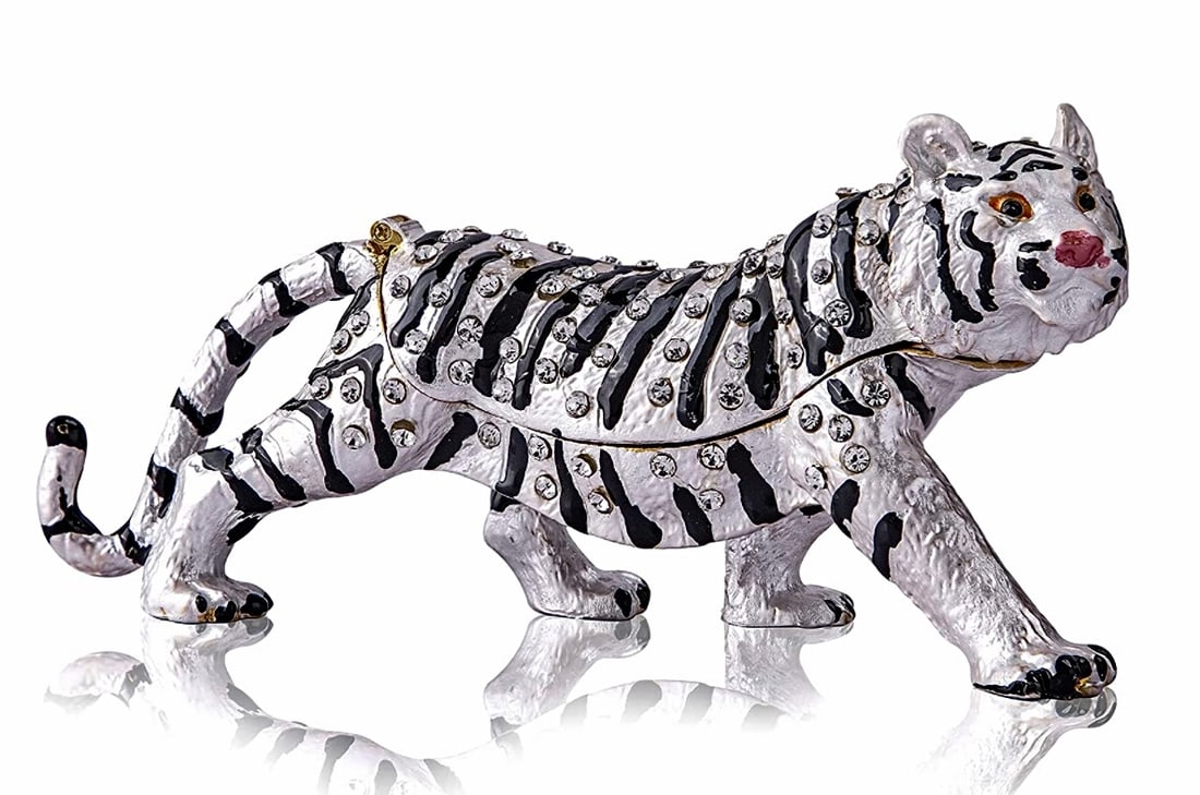 FABERGE Enameled & Studded Russian BENGAL TIGER Trinket Box: This is a Gorgeous Piece Inspired by the Work of Karl Faberge – It is Not Signed – Absolutely a Gorgeous Piece – Multiple Photos Posted