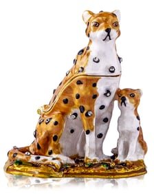 FABERGE Enameled & Studded Russian LEOPARD and BABY Trinket Box