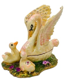 Russian Enameled and Jeweled Swan Family Trinket Box