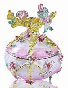 Beautiful Enameled and Studded Love Birds Russian Trinket Box