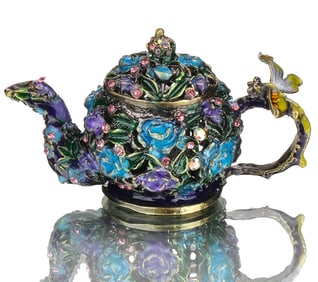 Beautiful Enameled and Studded Teapot Russian Trinket Box