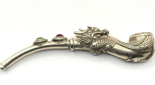 Vintage Tibetan Silver Jeweled Dragon Tobacco Smoking Pipe