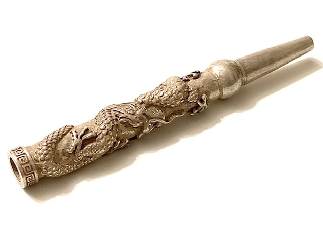 Old Hallmarked Tibetan Silver Dragon Cigarette Holder: Extremely Ornate Tibetan Silver Figural Dragon Tobacco Pipe Rod or Cigarette Holder / It is an Awesome Piece / Must See all Photos to Appreciate / Tibetan Silver is Not Sterling / This is a Highly Col