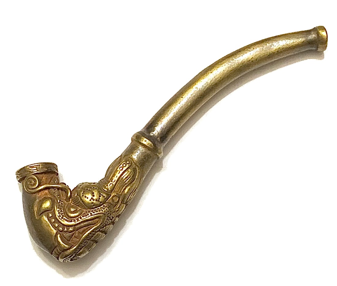 Chinese Hallmarked Bronze Dragon Smoking Tobacco Pipe: Very Ornate / Bronze in Color with a good looking patina / Multiple Photos Posted