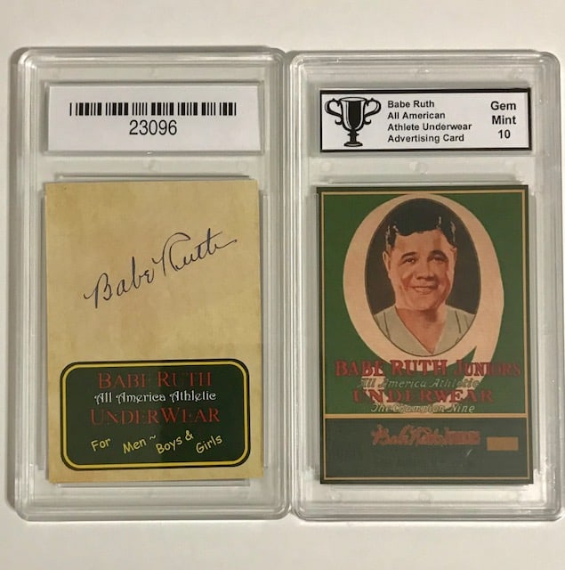 BABE RUTH Underwear Advertising Baseball Card: Gem Mint 10. PLEASE READ CAREFULLY. ALL Advertising Cards are Reproduction Promotional Cards and NOT Original Period Cards. We do NOT know when these were Issued or who issued them. We can only descri