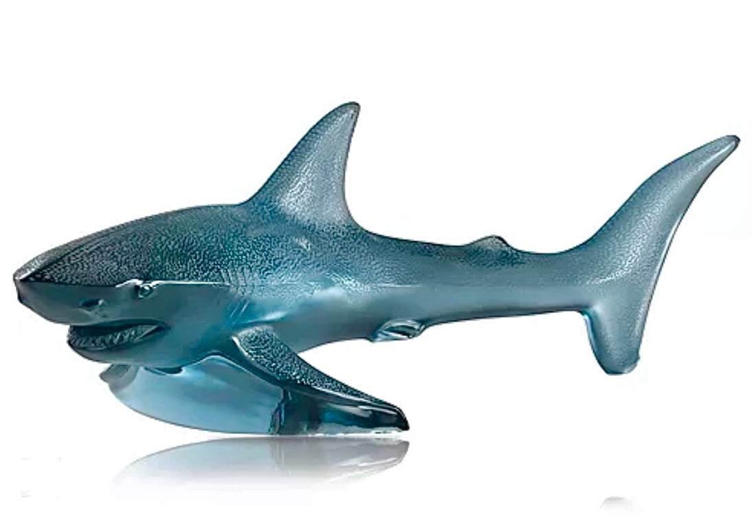 Rare 17in LALIQUE France Blue Crystal Great White Shark in Original Box