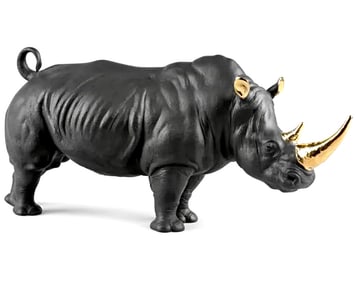 Rare LLADRO Museum 18 Inch Porcelain Black and Gold Rhinoceros in Original Box
