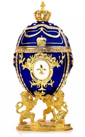FABERGE Enameled Egg Trinket Box with Lions Display Stand