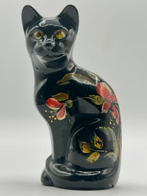 FENTON Artist Signed Hand Painted Ebony Art Glass Cat