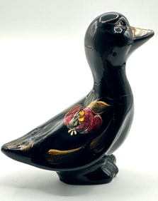 Rare FENTON Artist Signed Hand Painted Ebony Art Glass Duck