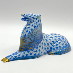 HEREND Hungary Blue Fishnet Porcelain Collie Dog Figurine
