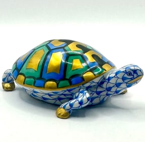 HEREND Hungary Hand Painted Blue Fishnet Porcelain Turtle