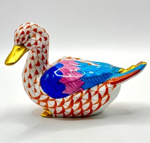 Beautiful HEREND Hungary Rust Colored Fishnet Porcelain Duck
